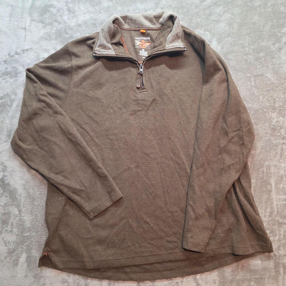 Dockers Sweater Mens 2XL Brown 1/4 Zip Collared Knit Cotton Blend Pullover